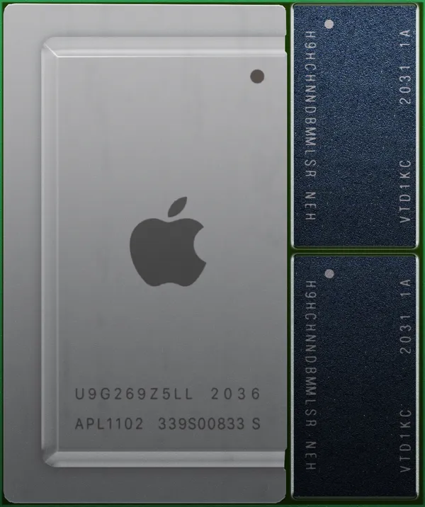 Chip Apple M1, procesador ARM, vista del encapsulado