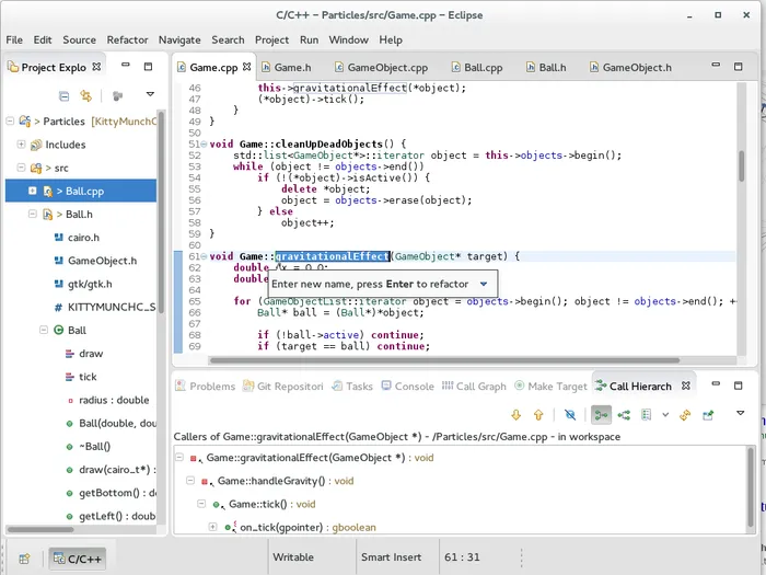 Código C++ real en el IDE Eclipse CDT, con refactorización de un método