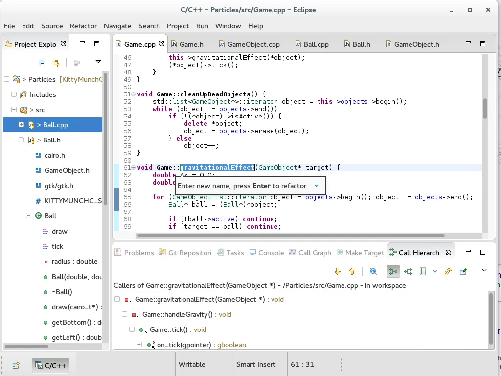 Código C++ real en el IDE Eclipse CDT, con refactorización de un método