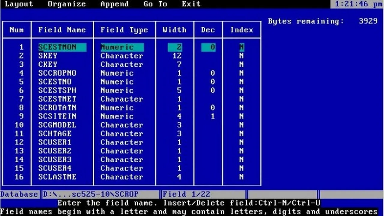 Pantalla de definición de estructura de base de datos en dBase, modo texto sobre MS-DOS