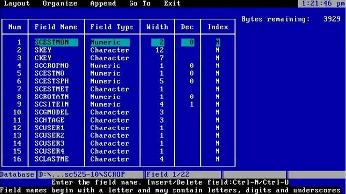 Pantalla de definición de estructura de base de datos en dBase, modo texto sobre MS-DOS