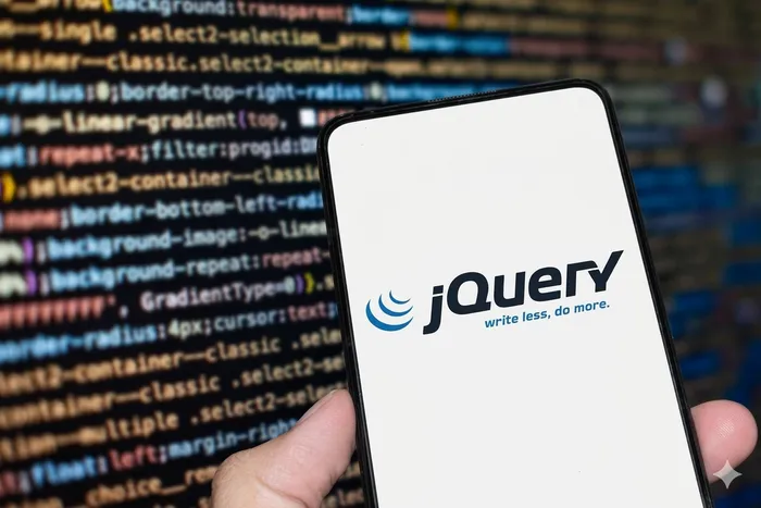 Logo de jQuery en la pantalla de un celular, con código en el fondo