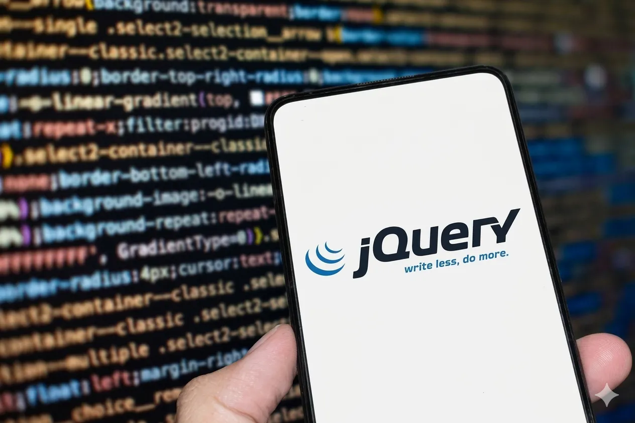 Logo de jQuery en la pantalla de un celular, con código en el fondo
