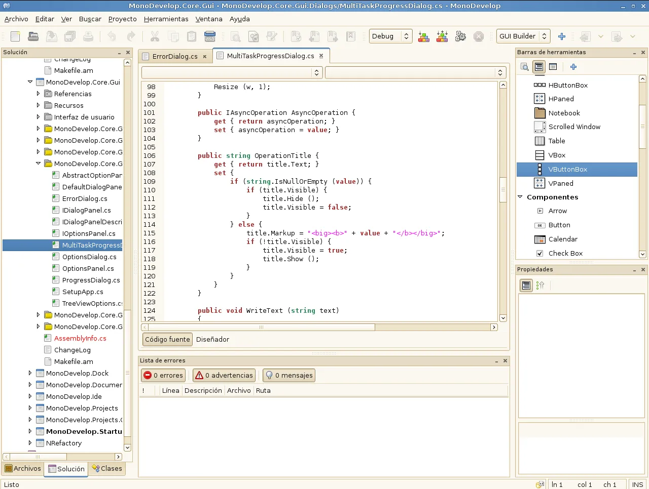 Código C# real en el IDE MonoDevelop