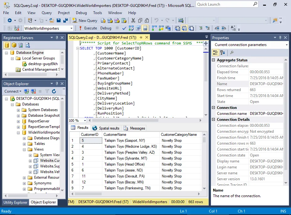 SQL Server Management Studio con consulta T-SQL, resultados y Object Explorer