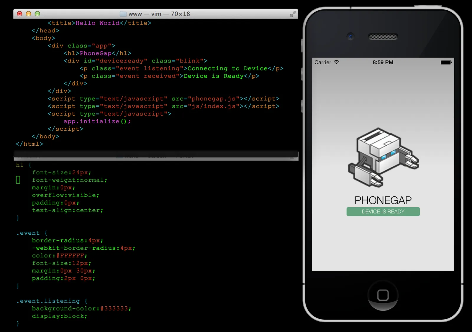 Código HTML/CSS de una app PhoneGap junto al resultado corriendo en un iPhone