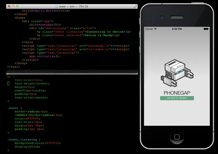 Código HTML/CSS de una app PhoneGap junto al resultado corriendo en un iPhone