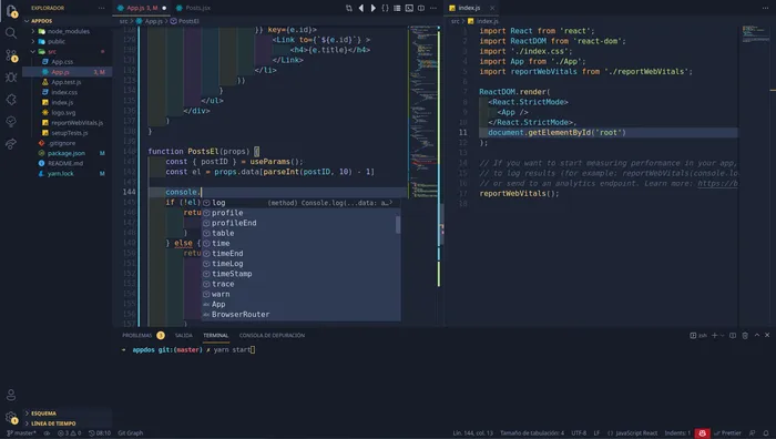 Código JSX de React en el editor VS Code
