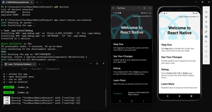 Terminal corriendo react-native run-android junto a la app resultante en dos emuladores