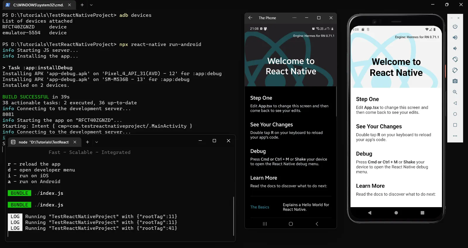 Terminal corriendo react-native run-android junto a la app resultante en dos emuladores
