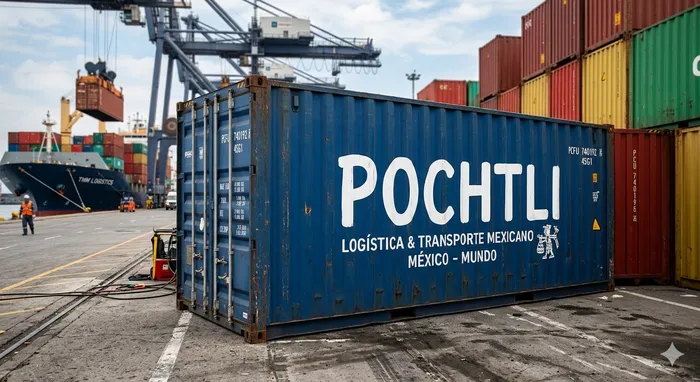 Contenedor de carga en puerto, con grúas y buque portacontenedores al fondo, metáfora visual de los contenedores Docker