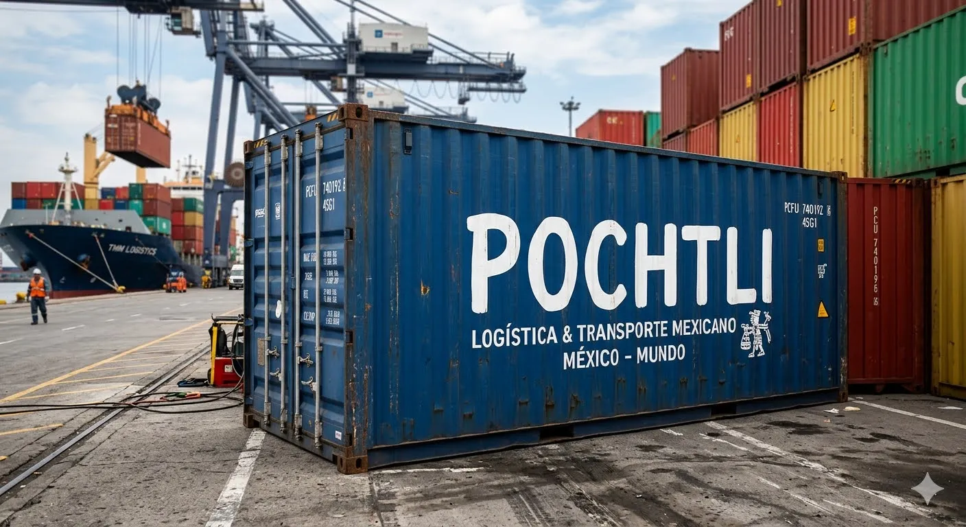 Contenedor de carga en puerto, con grúas y buque portacontenedores al fondo, metáfora visual de los contenedores Docker