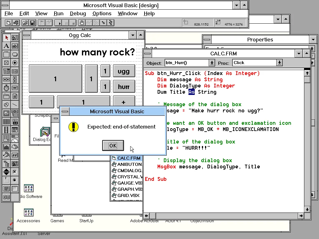 Escritorio de Windows clásico con el IDE de Microsoft Visual Basic abierto